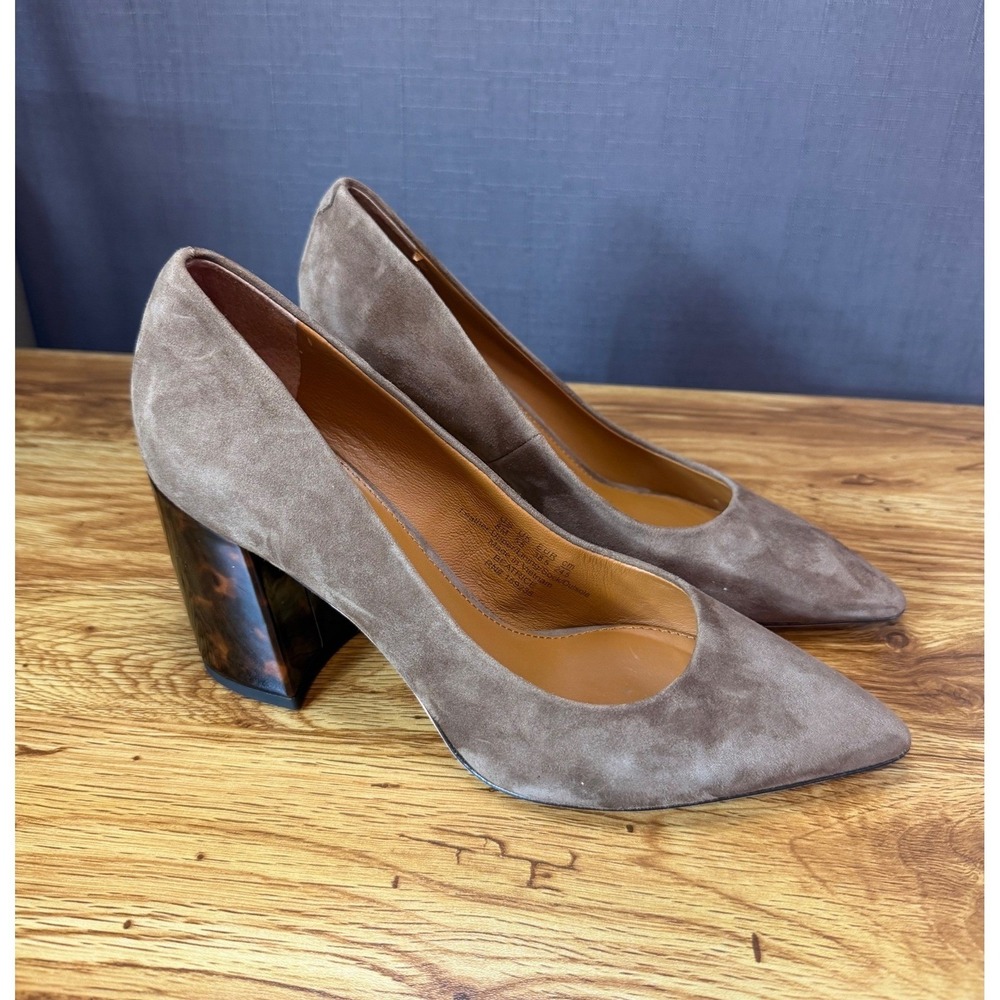 J.McLaughlin Beatrice Taupe Suede Pointed Toe Tortoise Shell Block Heel Pumps 8M